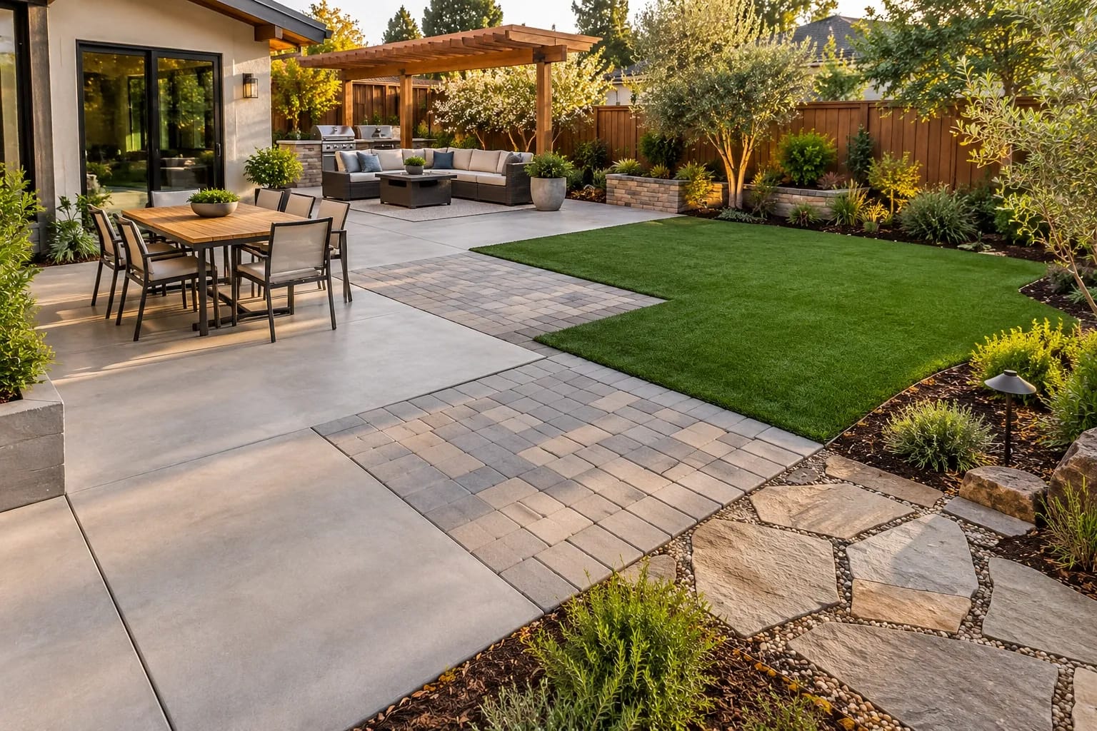Concrete patio, concrete pavers, natural stone walkway, and artificial turf in a landscaped backyard.