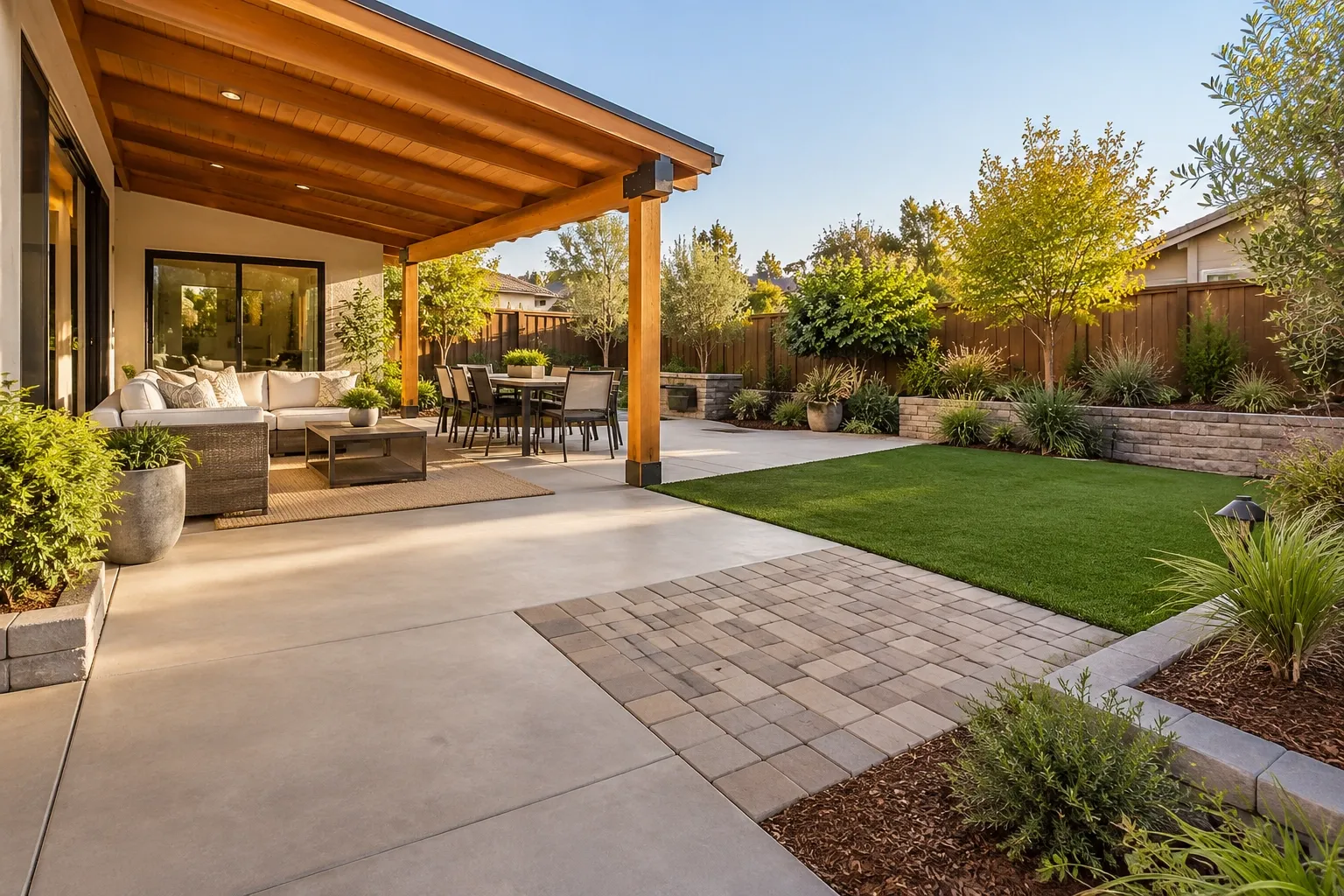 Backyard remodel featuring a concrete patio, pavers, natural landscaping, and a wood patio cover.