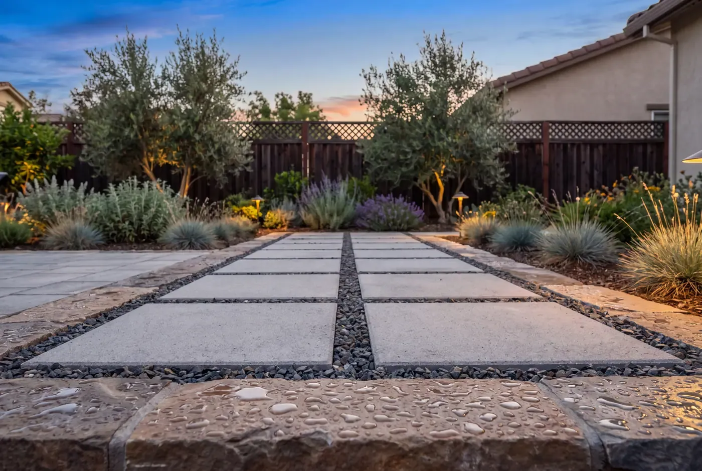 Close-up detail of permeable paver joint system with small angular aggregate and natural stone edging
