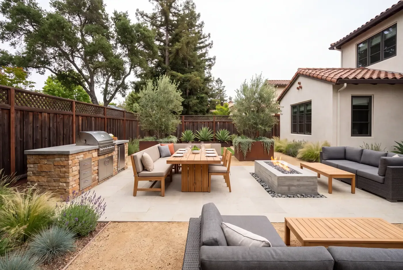 A unified patio with defined cooking, dining, and lounge zones built from warm stone and natural materials