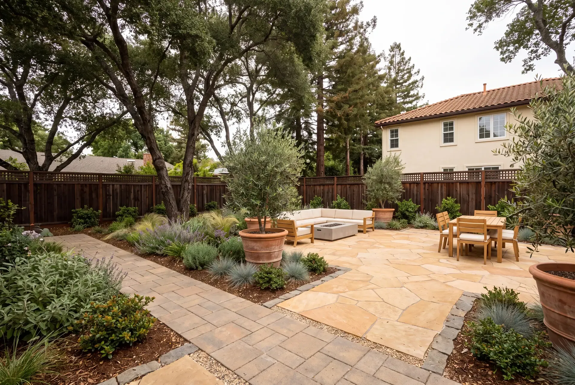 Warm natural stone patio with permeable pavers, olive trees and sage planting in a South Bay backyard