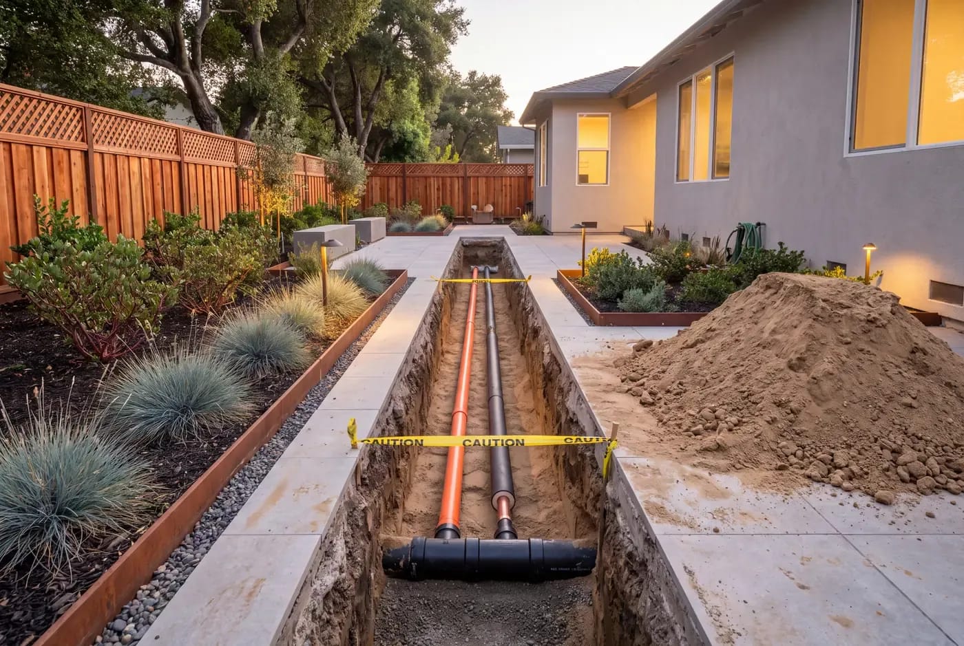 An open utility trench with electrical conduit, water line, and sewer lateral at their respective depths, sand bedding and warning tape visible