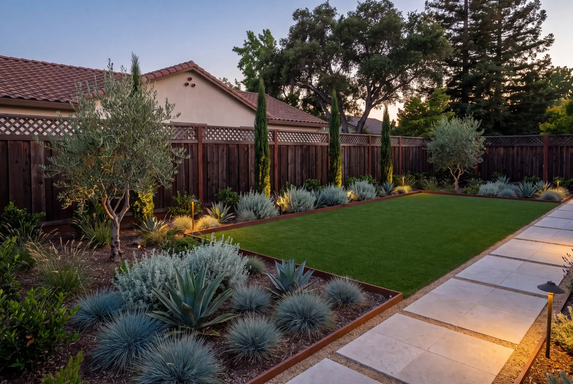 Synthetic turf lawn panel adjacent to drought-tolerant native planting separated by corten steel edging