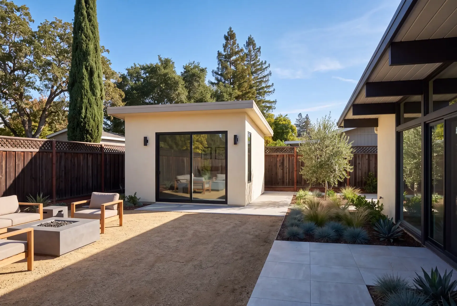 A completed detached ADU in a Bay Area backyard with a planted gravel courtyard in the separation from the main house