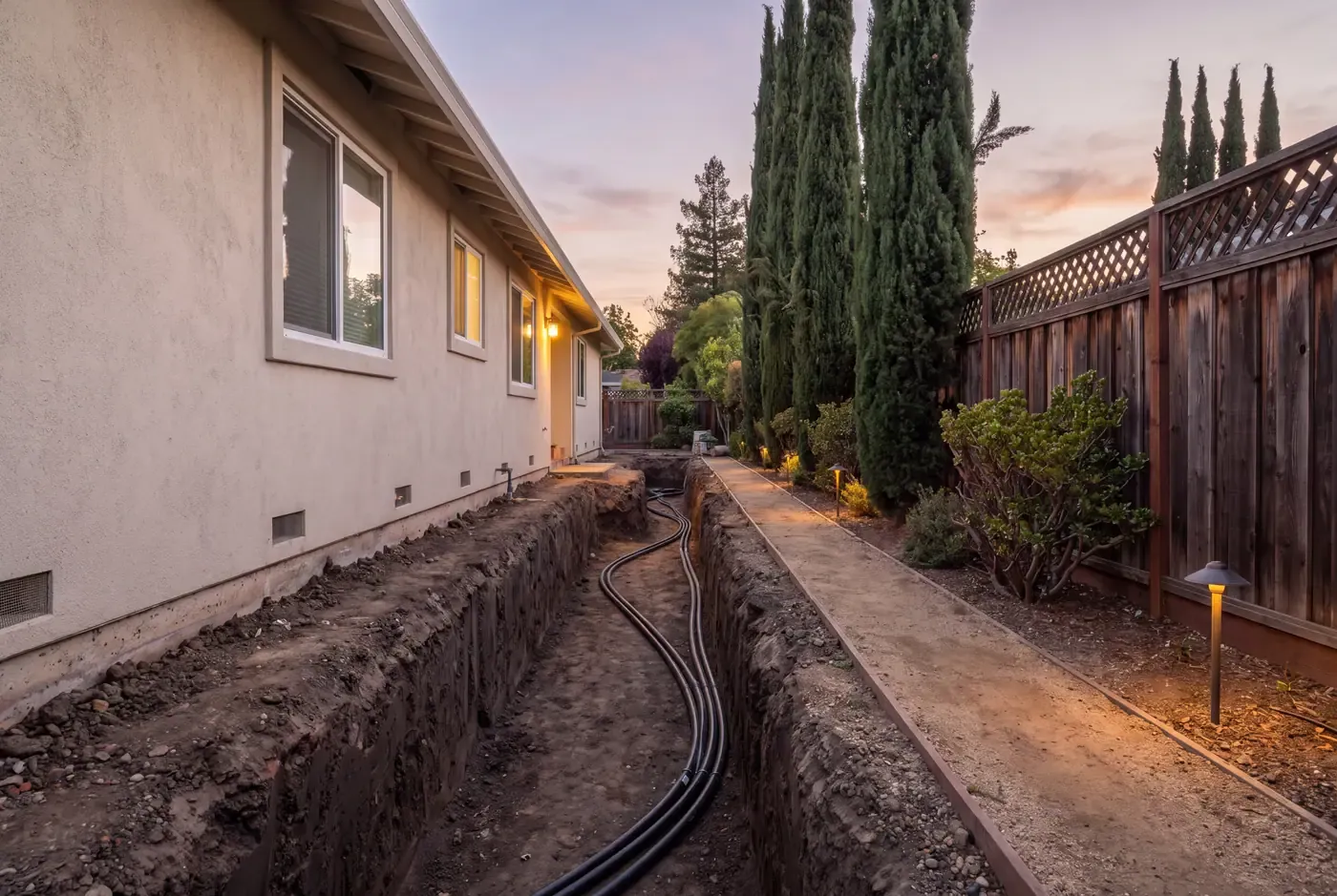Newly installed underground conduit in an open trench alongside a home foundation