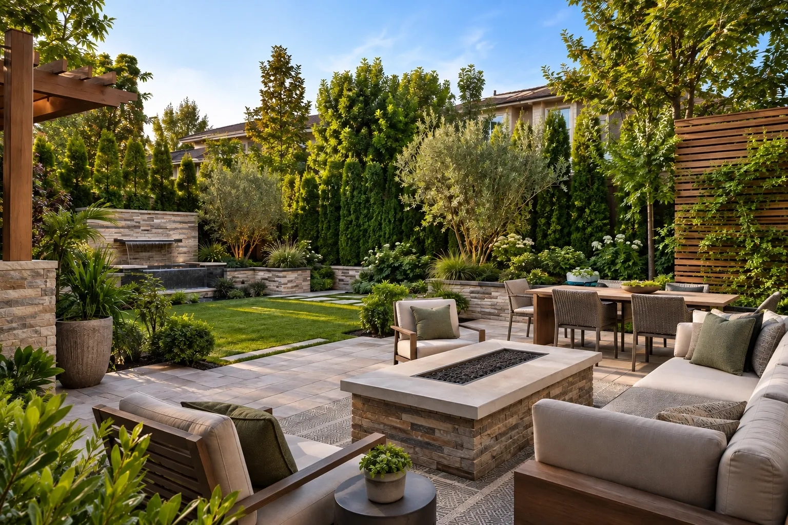 Luxury Bay Area backyard with layered landscaping for privacy