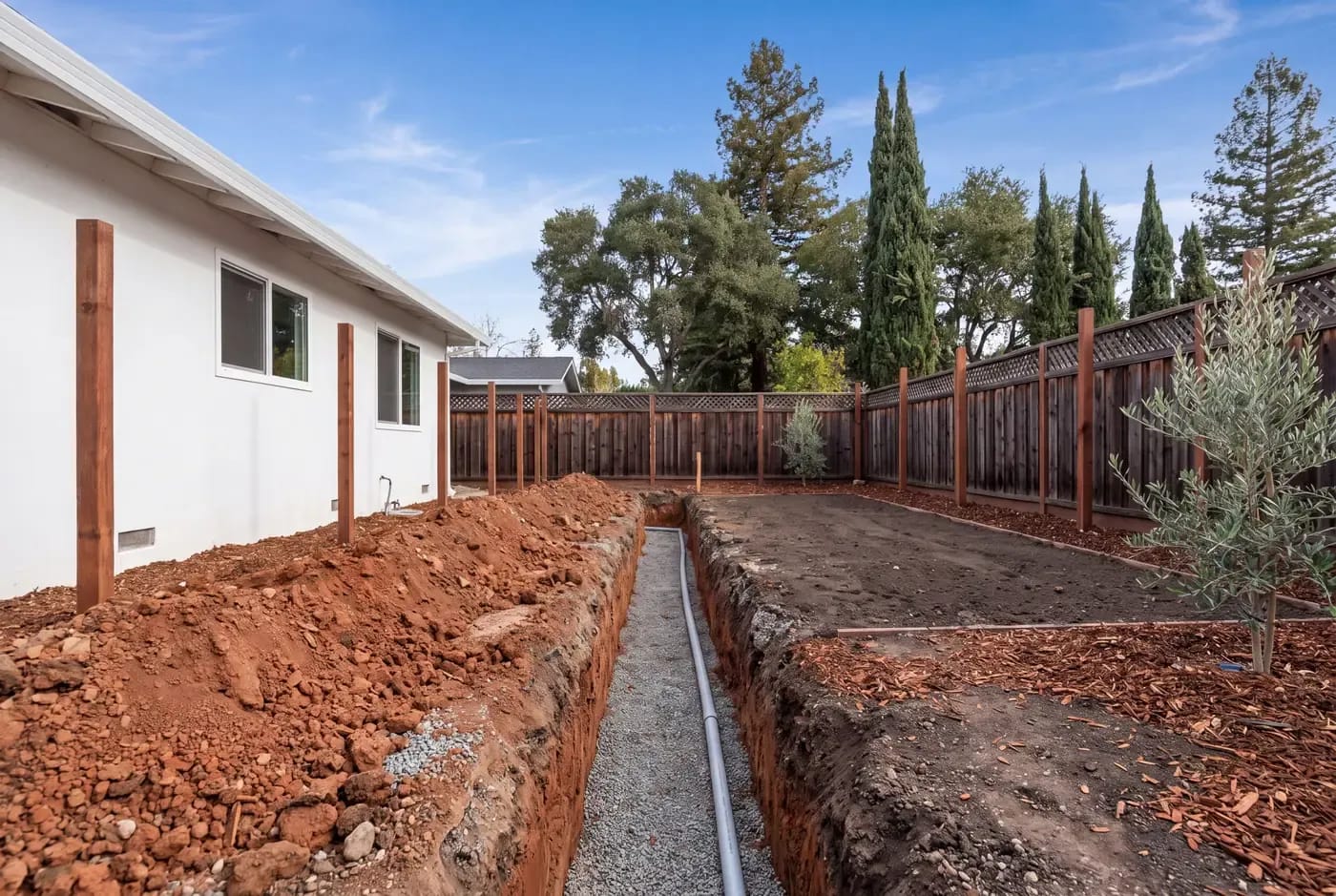 Open excavated trench exposing subsoil layers beside a home foundation during site work