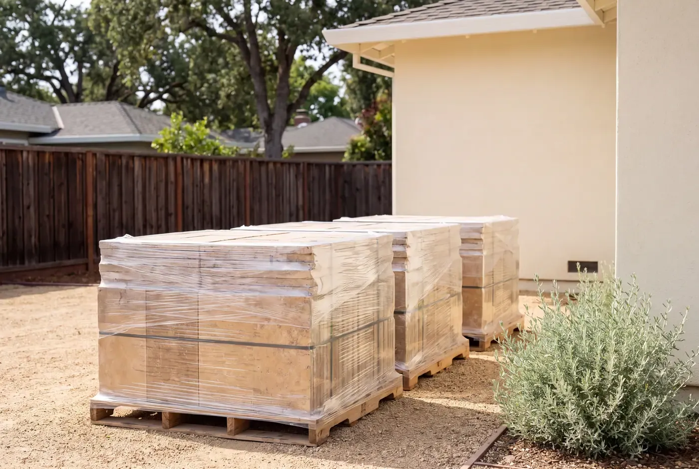 Neatly stacked pallets of natural-travertine pavers stored under a temporary shelter beside a home