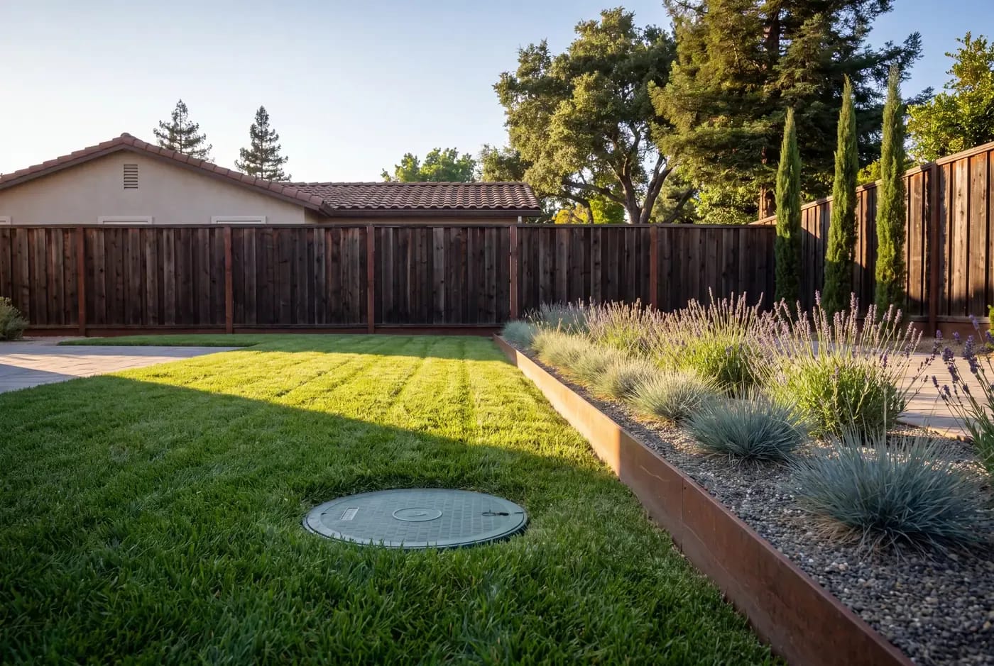 Spray irrigation head ejecting water droplets across existing turf with overspray reaching a concrete patio edge
