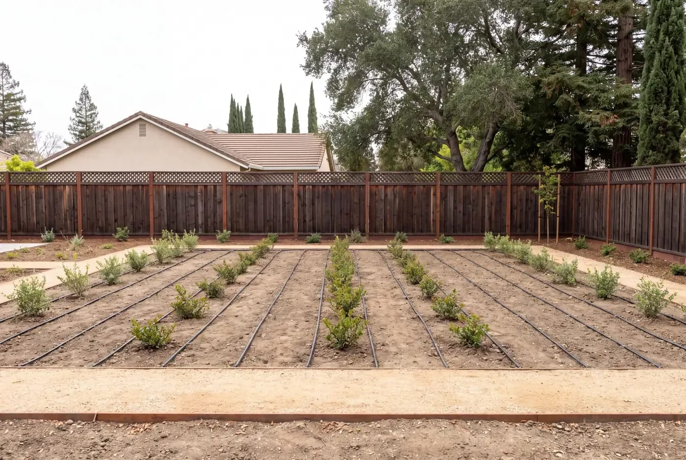 Newly installed drip irrigation line in a freshly mulched planting bed with young manzanita and coyote brush
