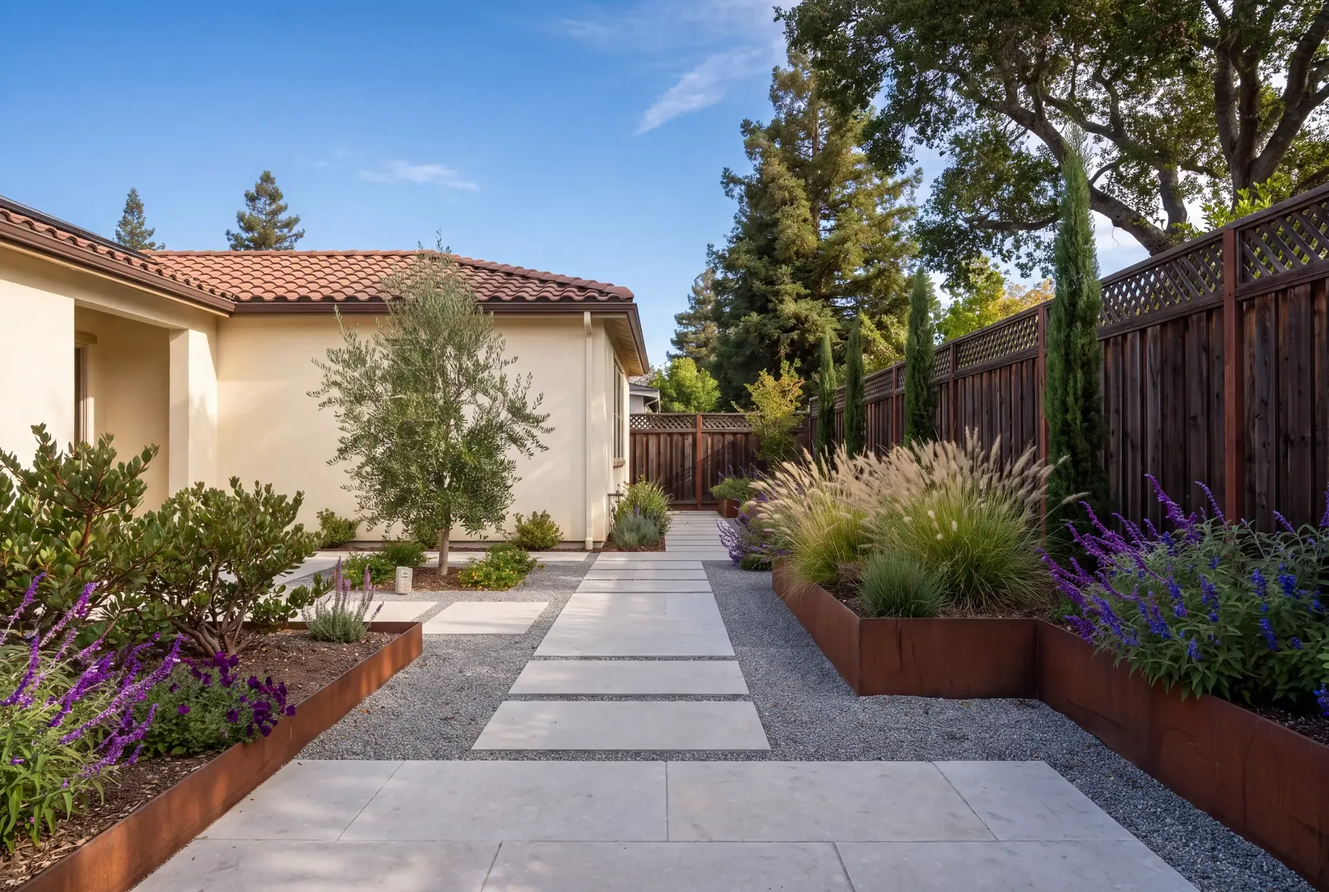Completed lawn-to-native conversion showing decomposed granite pathways, mature drought-tolerant plantings, and clean hardscape edges