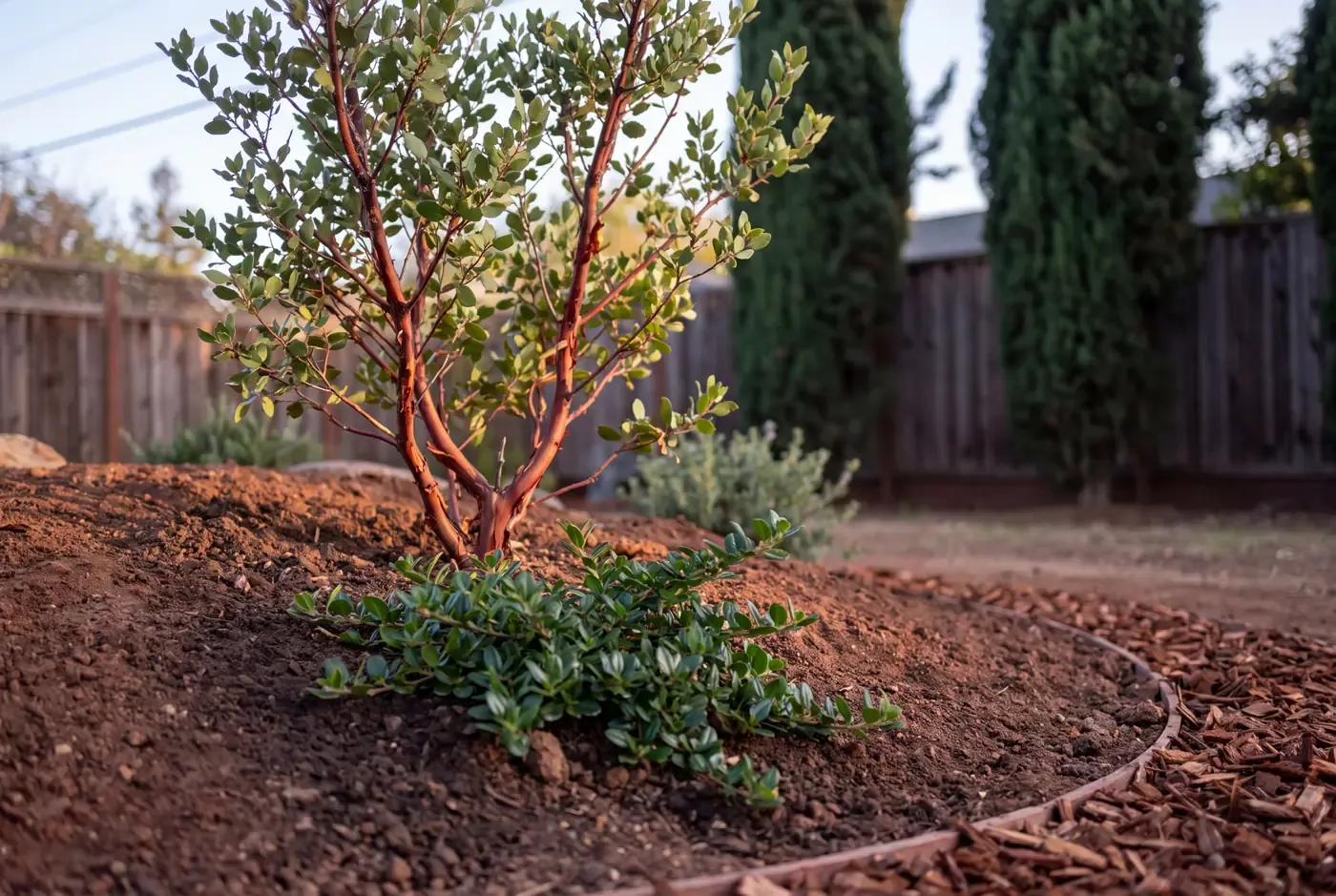 Manzanita shrub planted slightly above grade on a small soil mound beside low-growing ceanothus