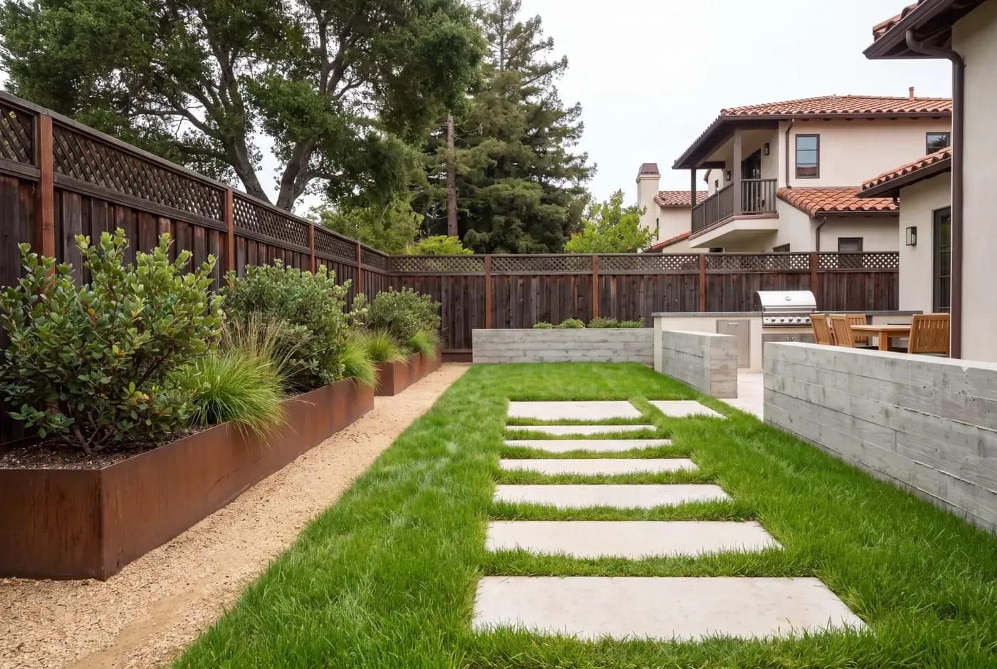 Field of clustered field sedge trimmed short forming a natural grass carpet between flagstone pavers