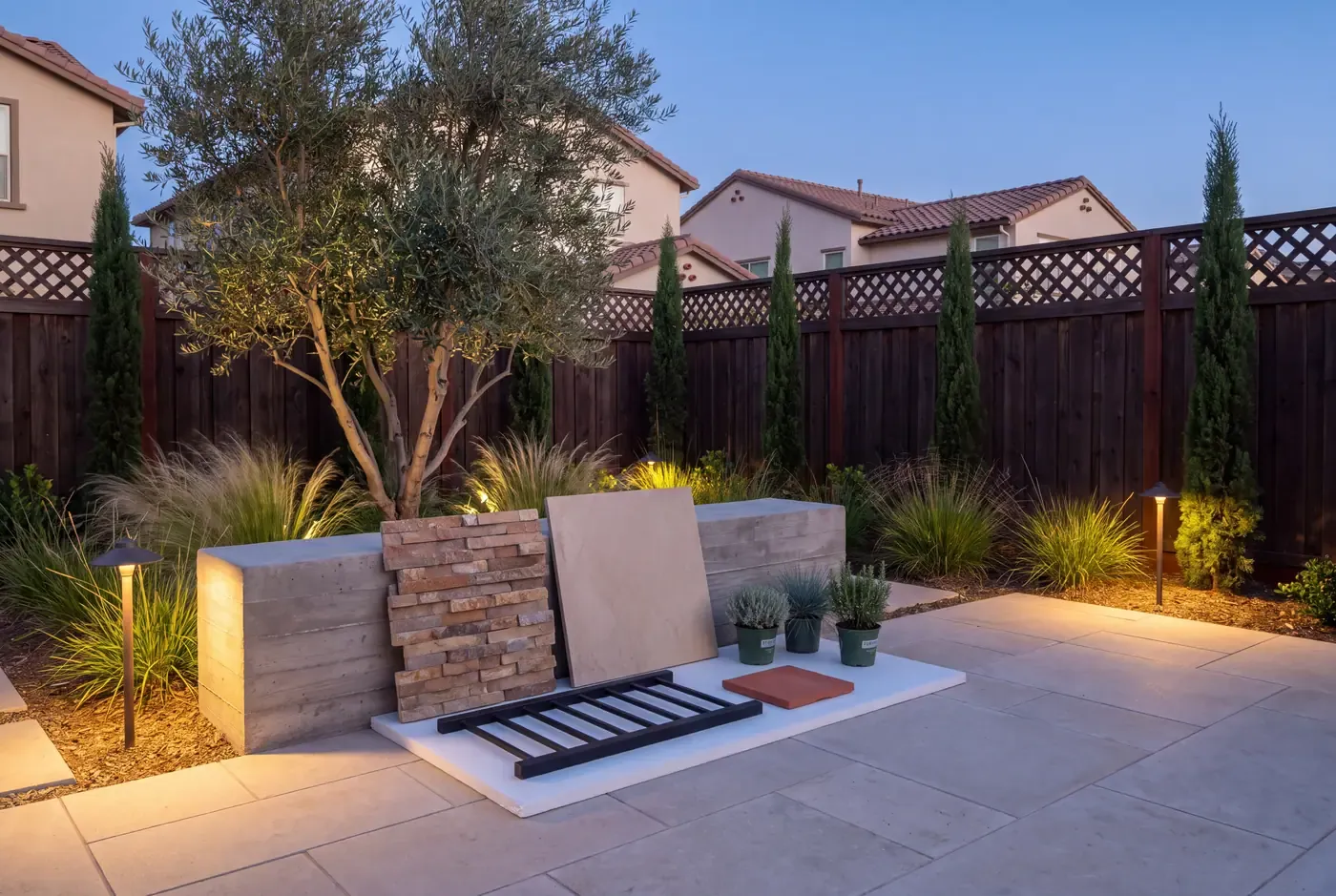 Material samples laid out outdoors — porcelain pavers, stone veneer planks, wrought-steel fixture, and plant specimen pots