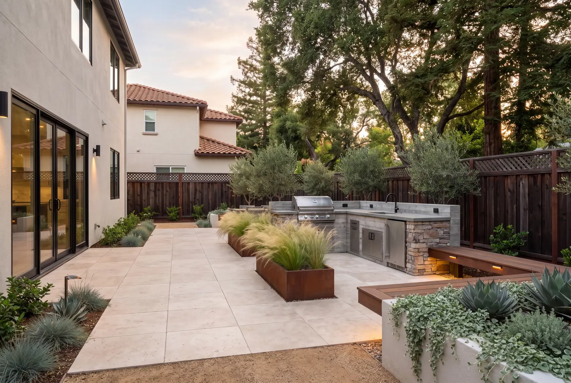 Newly completed outdoor kitchen and paver patio showing the finished result of a coordinated design-build project