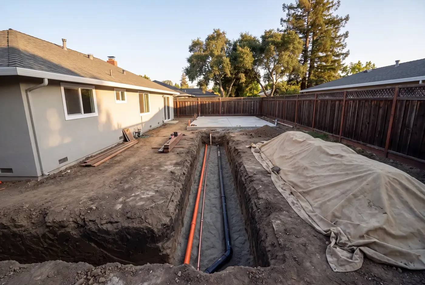 An open utility trench between a main house and an ADU foundation with electrical conduit, water line, and sewer lateral at proper depths