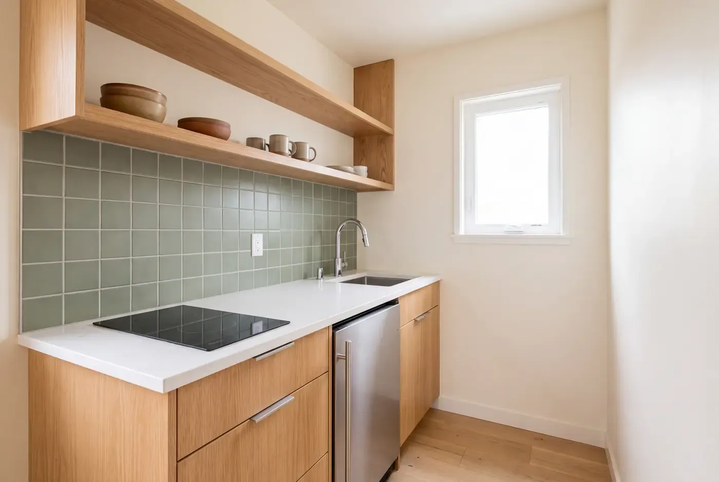 Interior of a finished JADU efficiency kitchen with compact appliances, sink, and quartz countertop