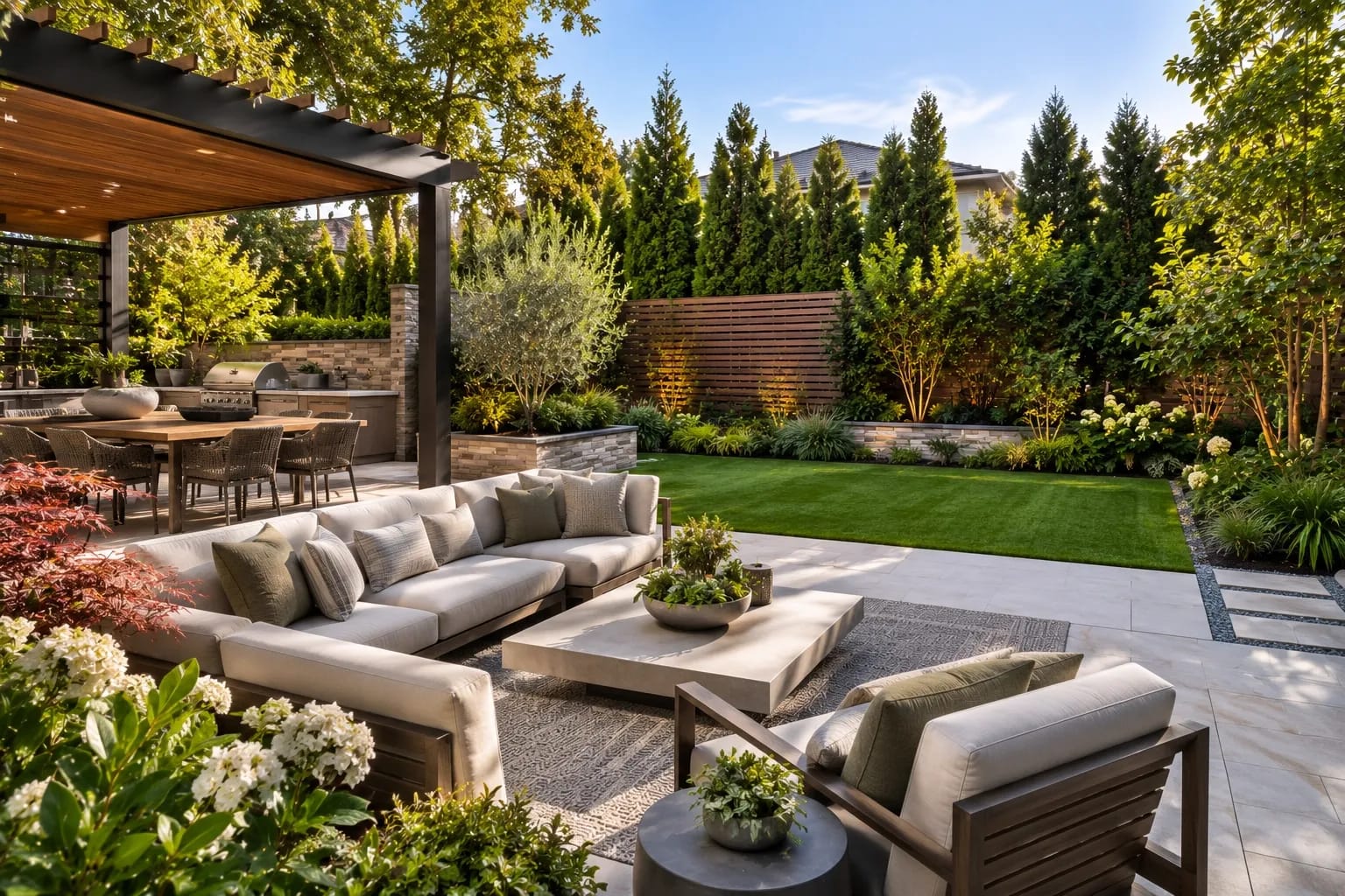 Layered privacy planting with hedges, trees, and a modern screen