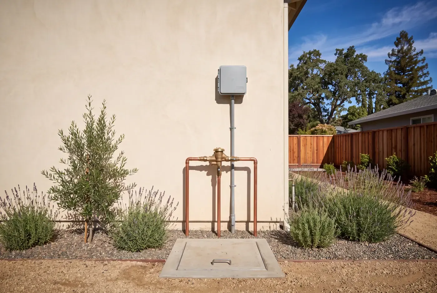 Dedicated irrigation submeter and brass backflow preventer assembly beside a stucco exterior wall