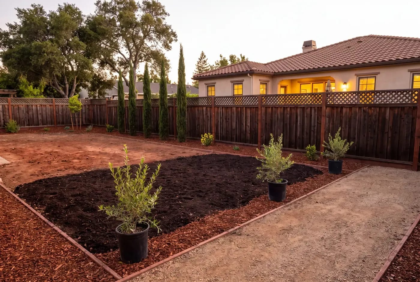 Dark compost layered on top of dense bay-area clay soil in a prepared planting bed before new shrubs are placed