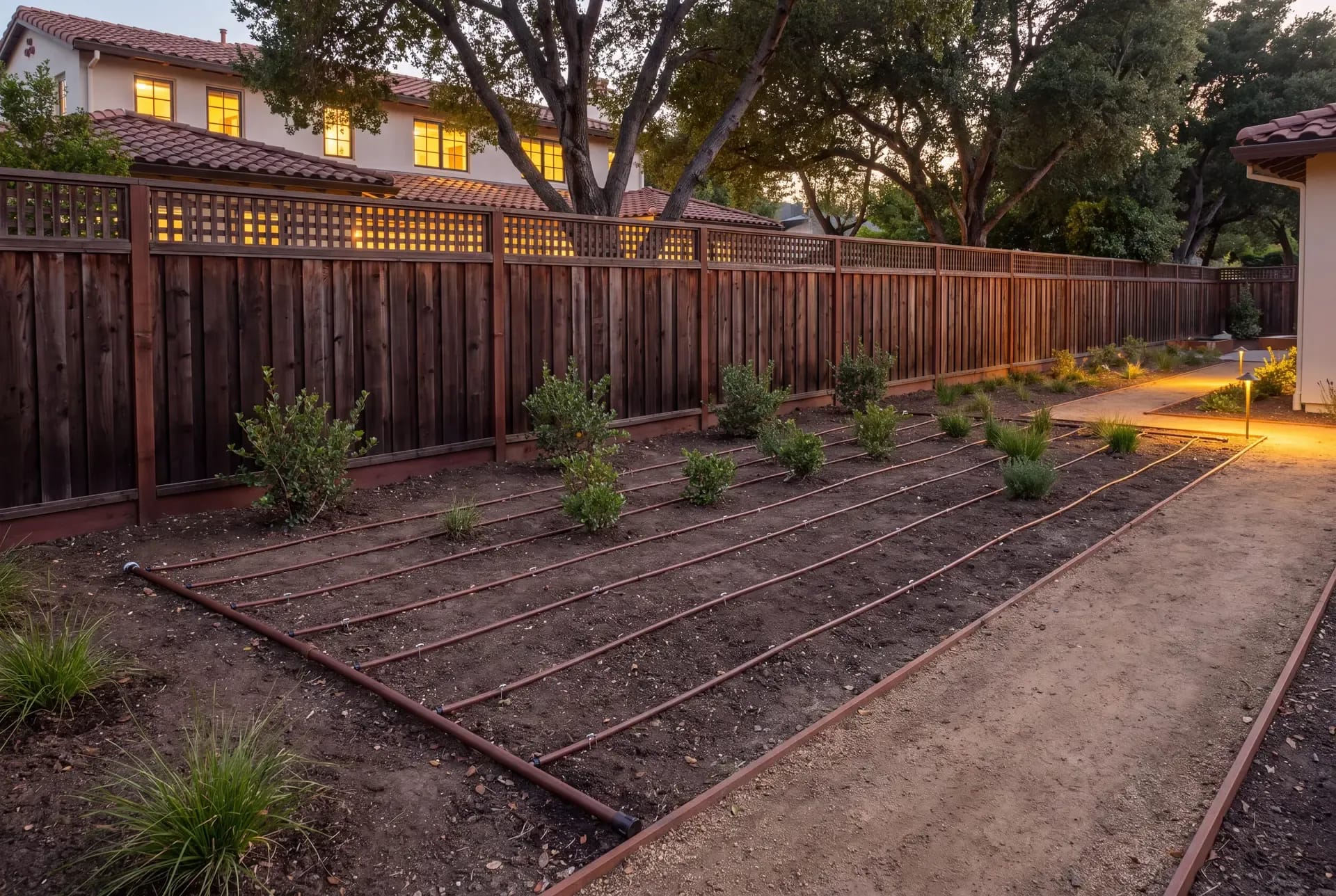 Newly installed inline drip irrigation system in a mulched planting bed connecting to a pressure regulator near a valve box