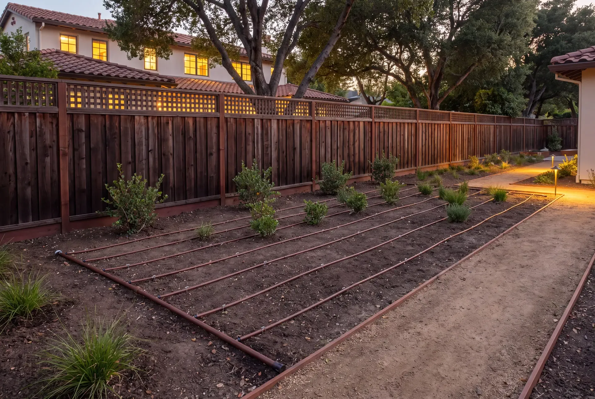 Newly installed inline drip irrigation system in a mulched planting bed connecting to a pressure regulator near a valve box