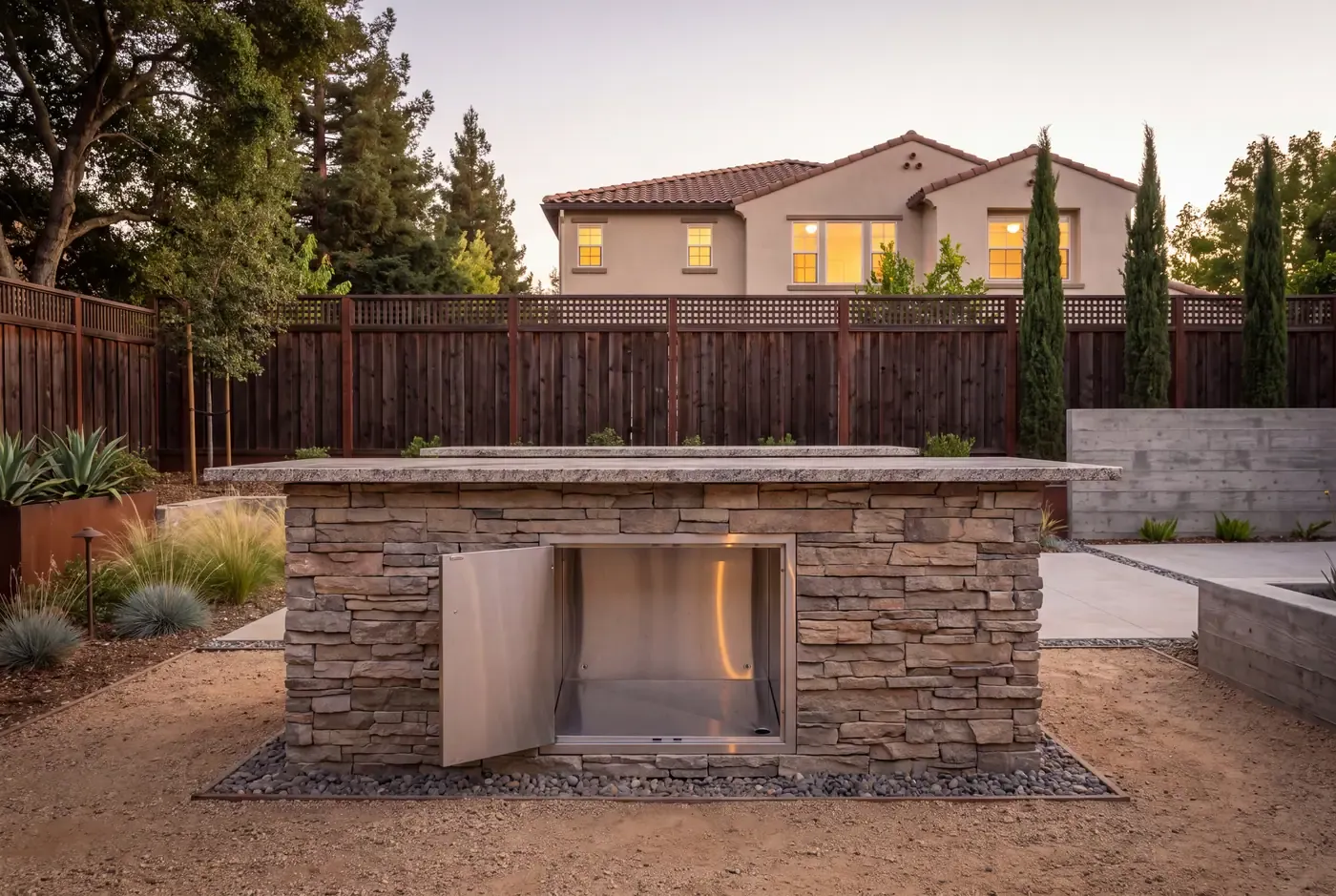 Outdoor kitchen cabinet base with sloped floor and weep hole for moisture drainage