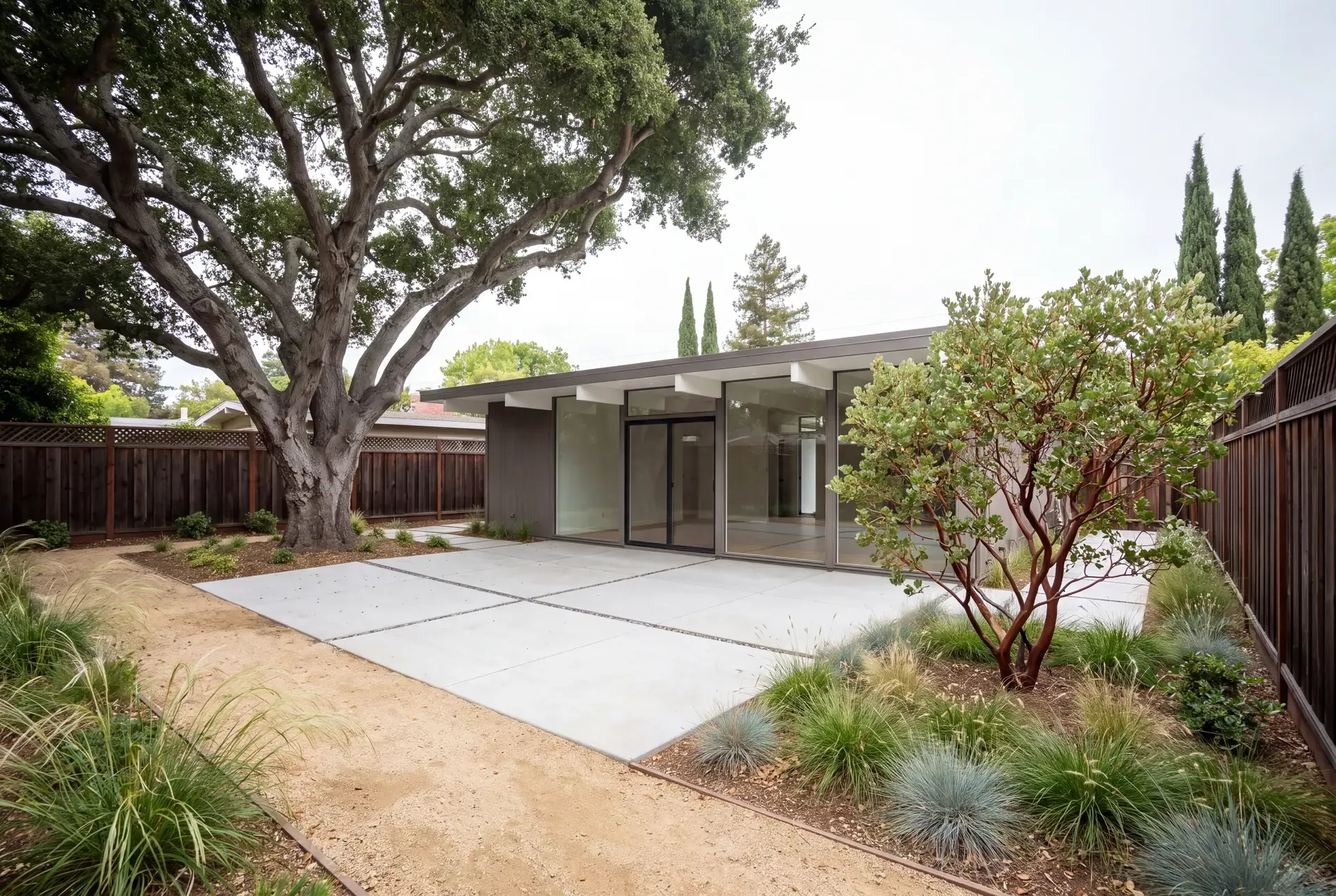 A mid-century modern Palo Alto home with floor-to-ceiling glass opening onto a concrete patio beneath a heritage oak