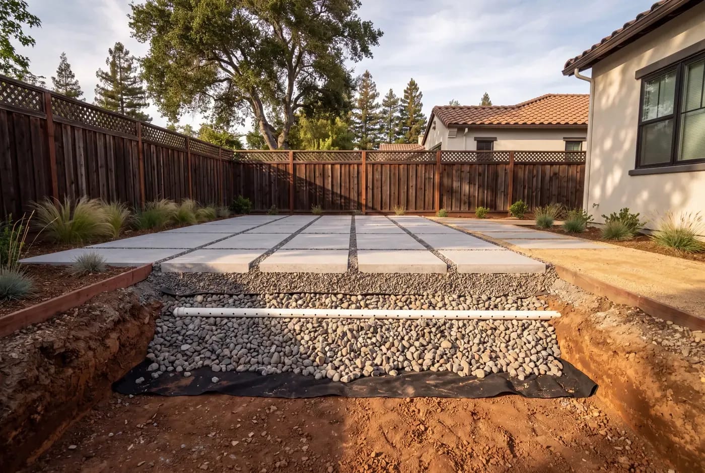 An excavated permeable paver system in progress showing the open-graded base layers and underdrain pipe