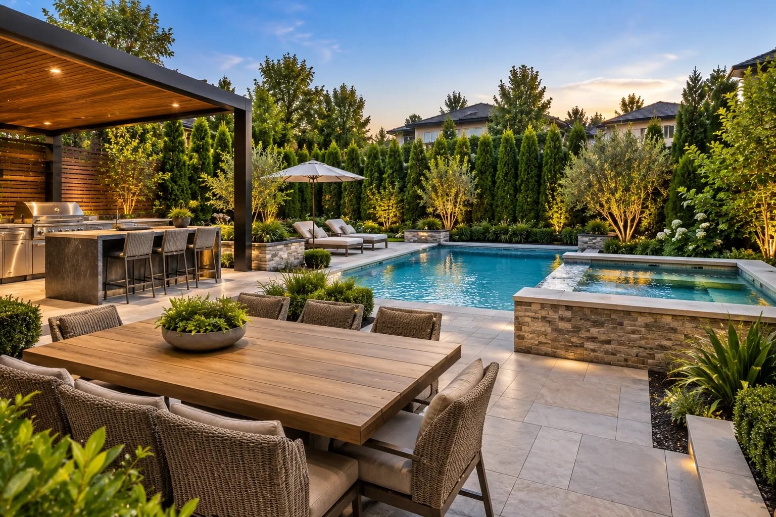 Private Bay Area patio and pool surrounded by screening plants