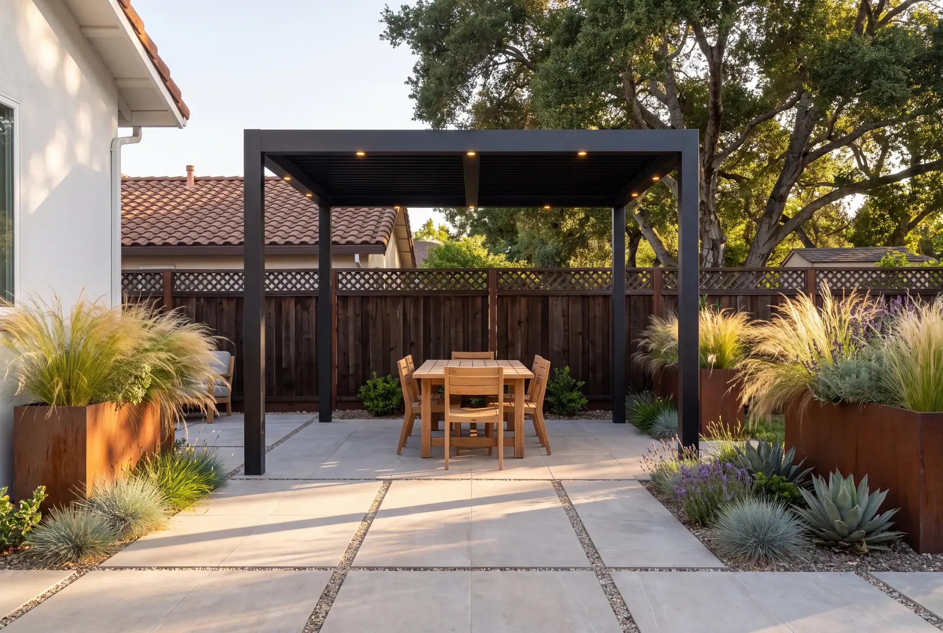 Contractor handshake with homeowner over rolled-up plans on an outdoor patio