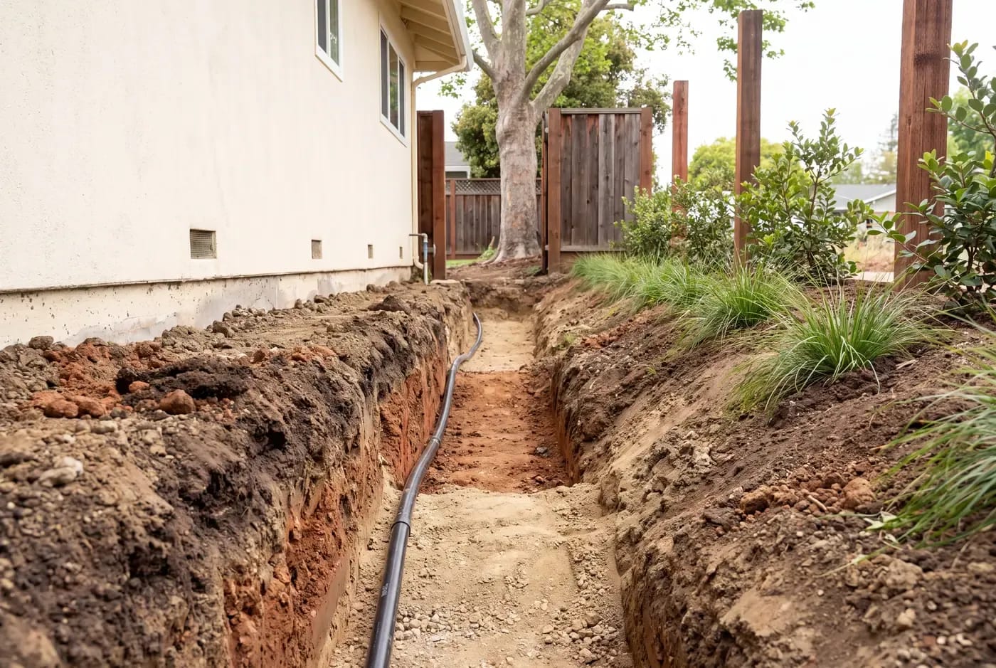 Exposed underground utility conduit in trenchwork beside an existing home foundation