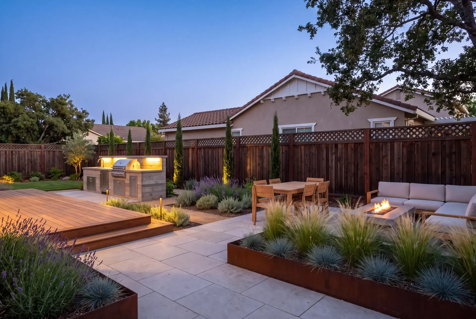 Newly completed patio and deck showing how a design vision translates to built form