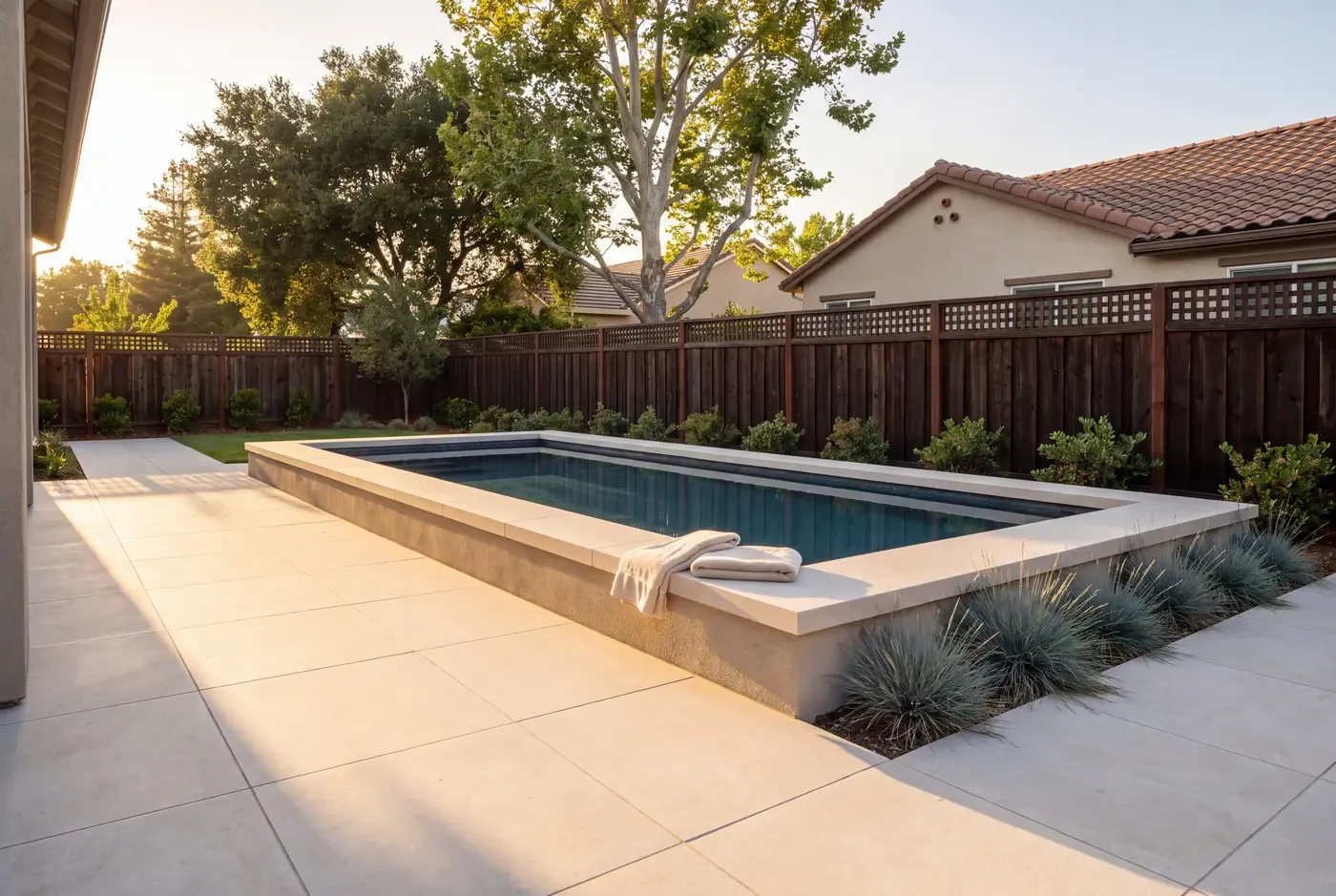Raised limestone-capped bond beam doubling as seating along a small plunge pool