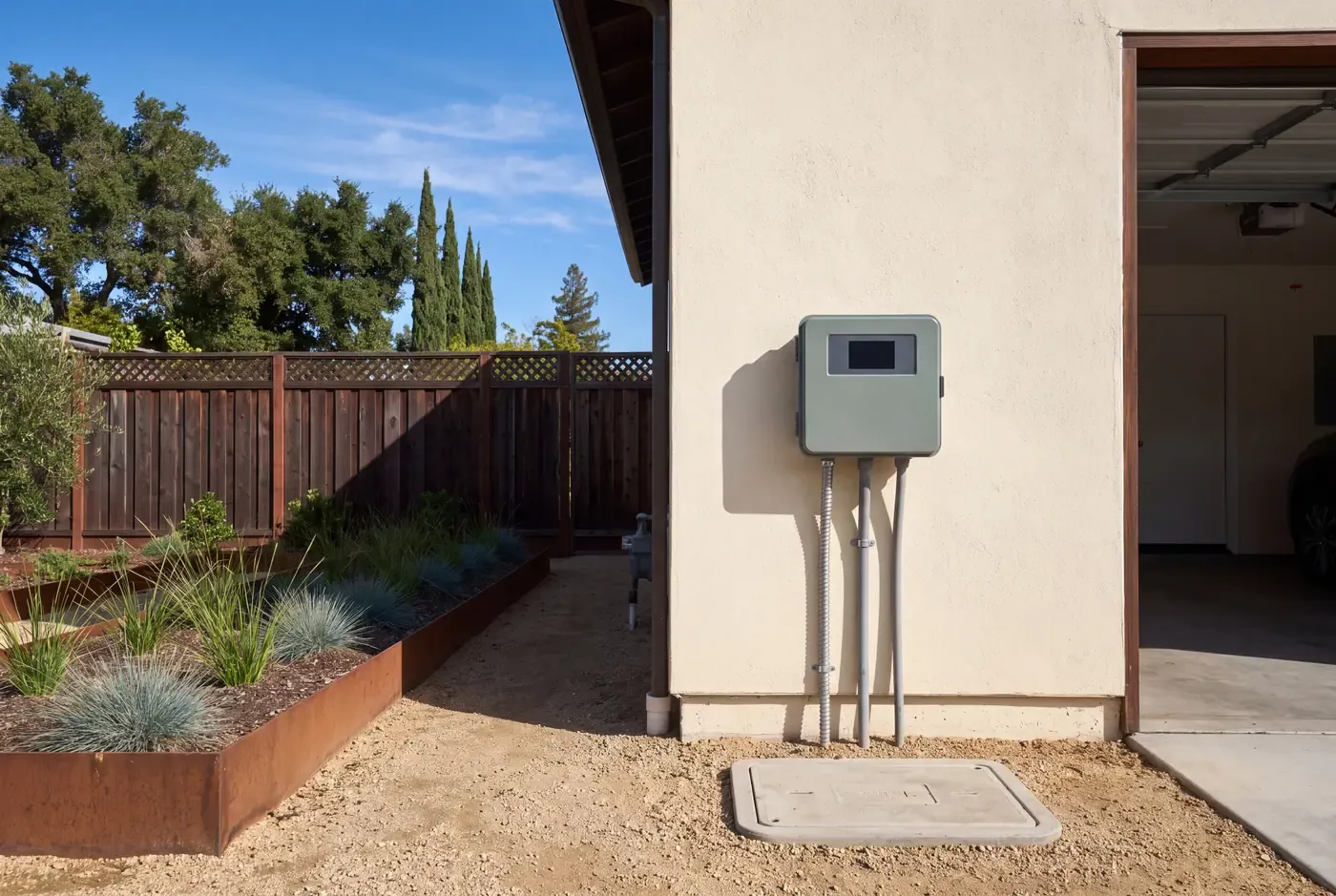 Weather-based smart irrigation controller mounted on exterior stucco wall beside a landscaped planting bed