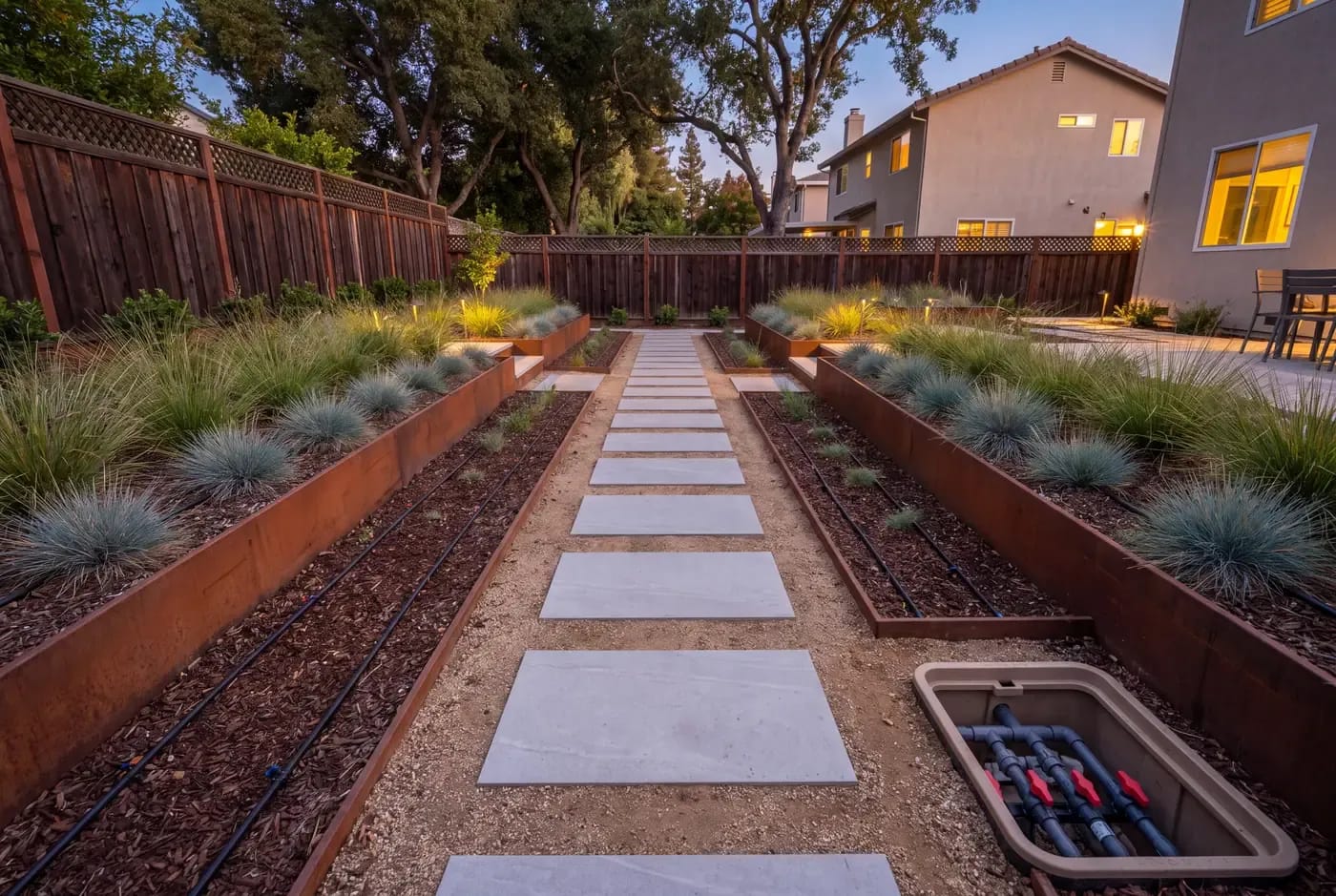 Drip irrigation tubing with pressure-compensating emitters installed along a sloped garden terracing a hillside yard