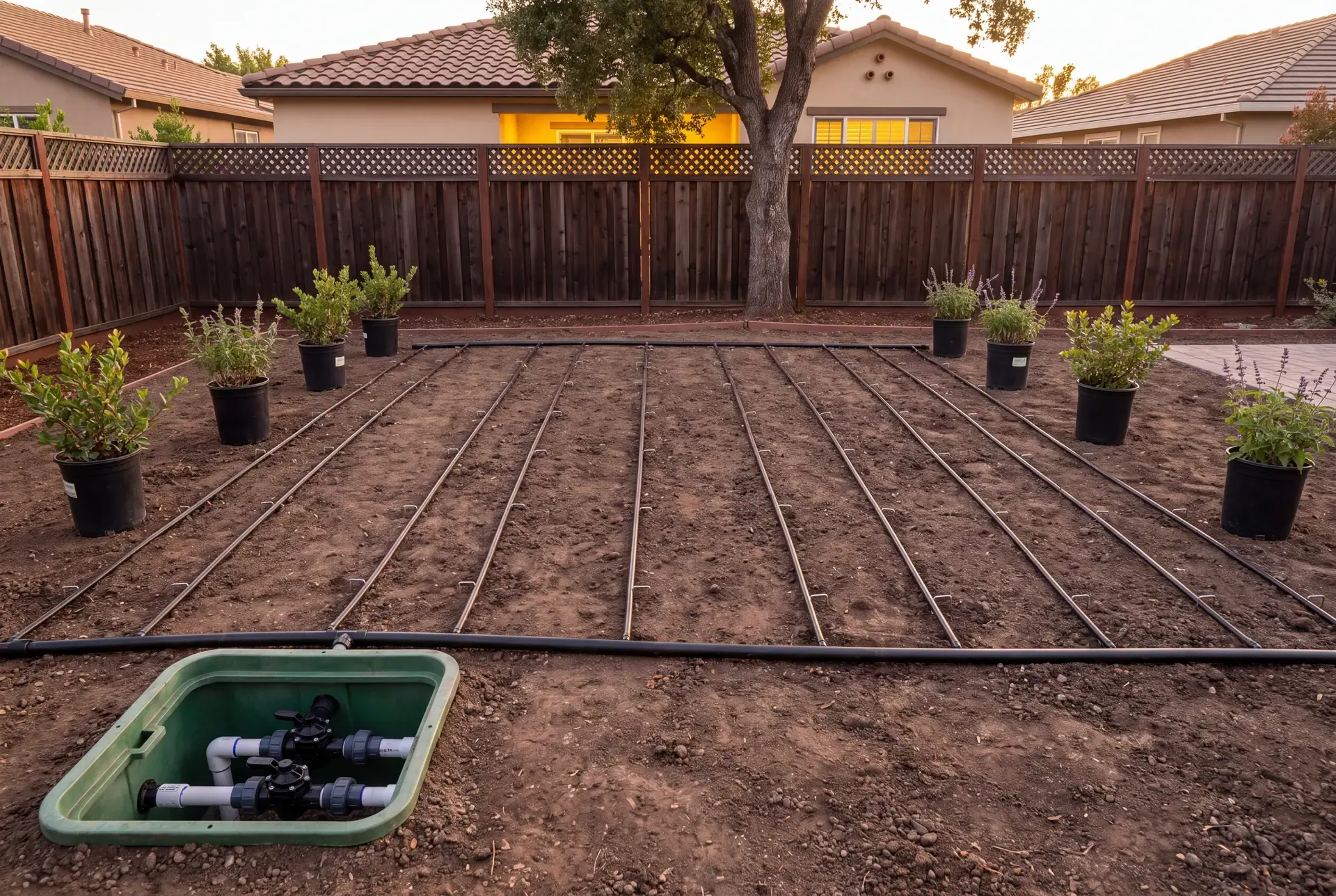 Newly installed inline drip irrigation system with pressure regulator connecting to existing valve in a drought-tolerant garden