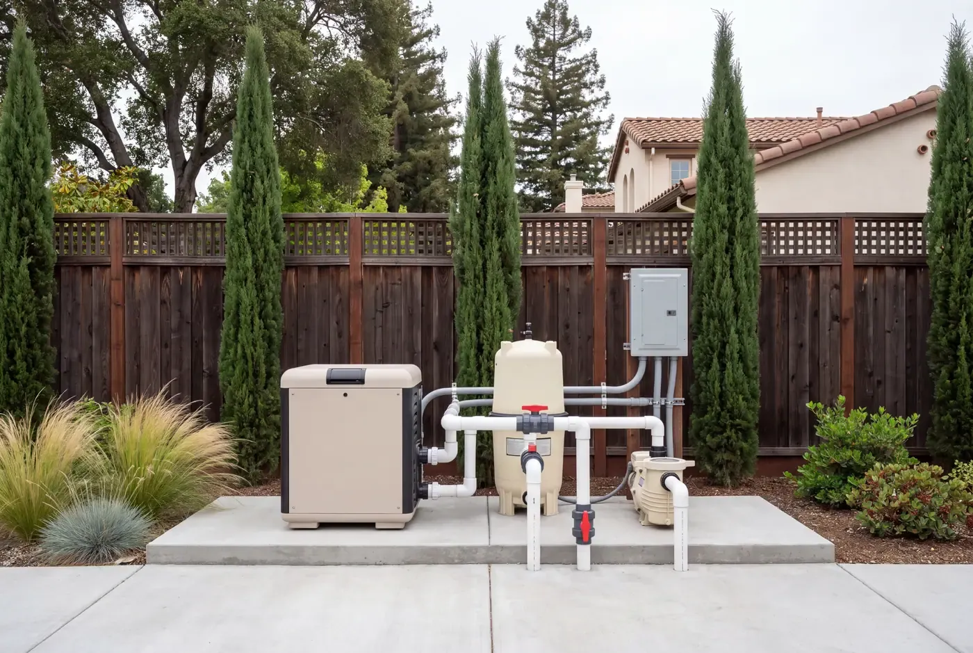 Heat pump pool heater beside a sand filter and pump on a new concrete pad