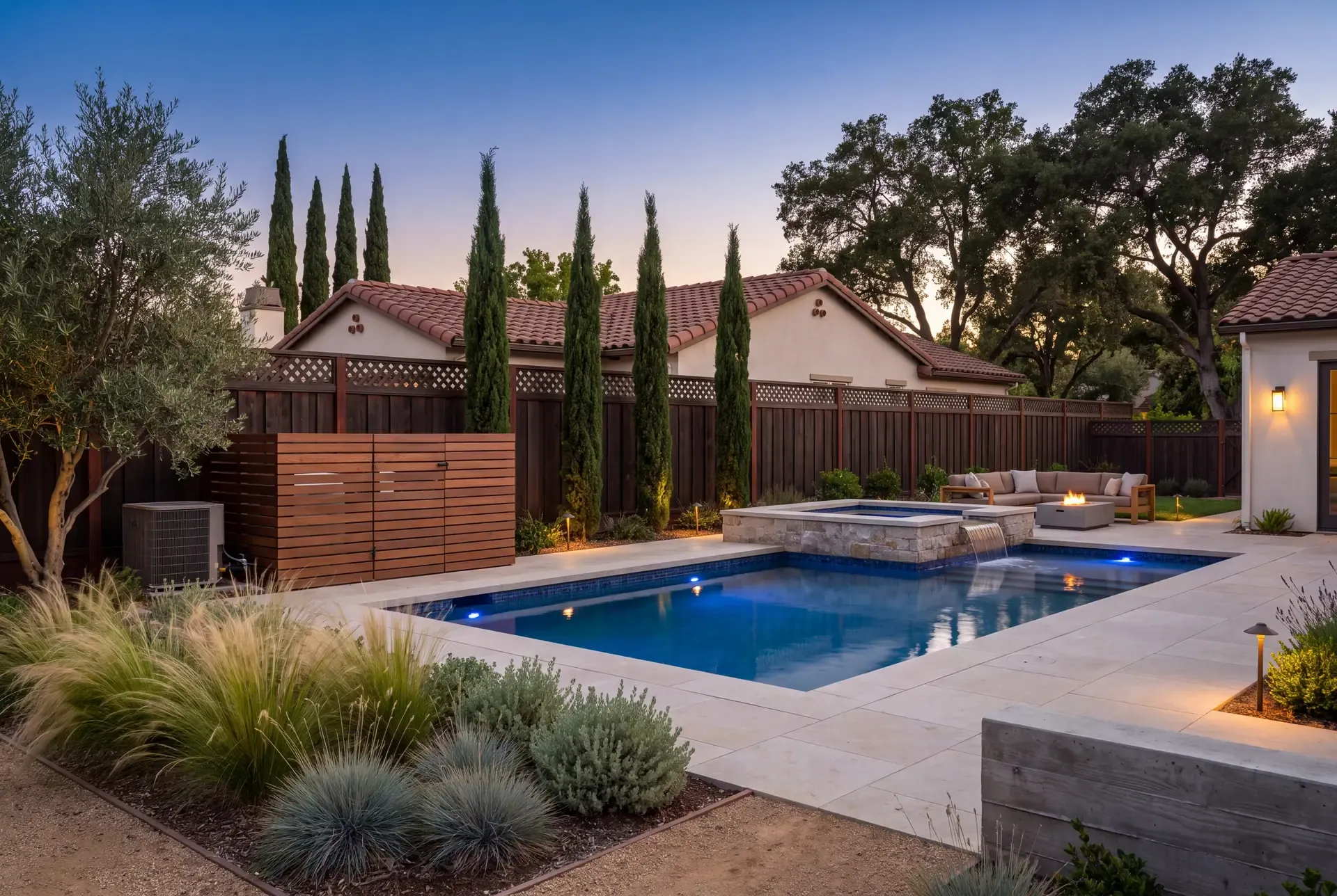 New pool and raised spa with limestone coping and a screened IPE enclosure for a heat pump