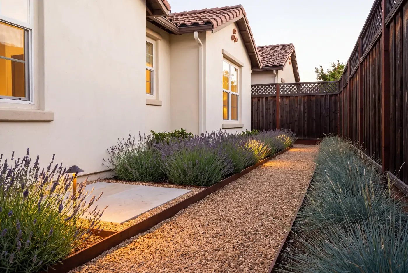 Warm-toned crushed gravel bed with metal edging along a cream stucco foundation, Zone 0 compliant ground treatment