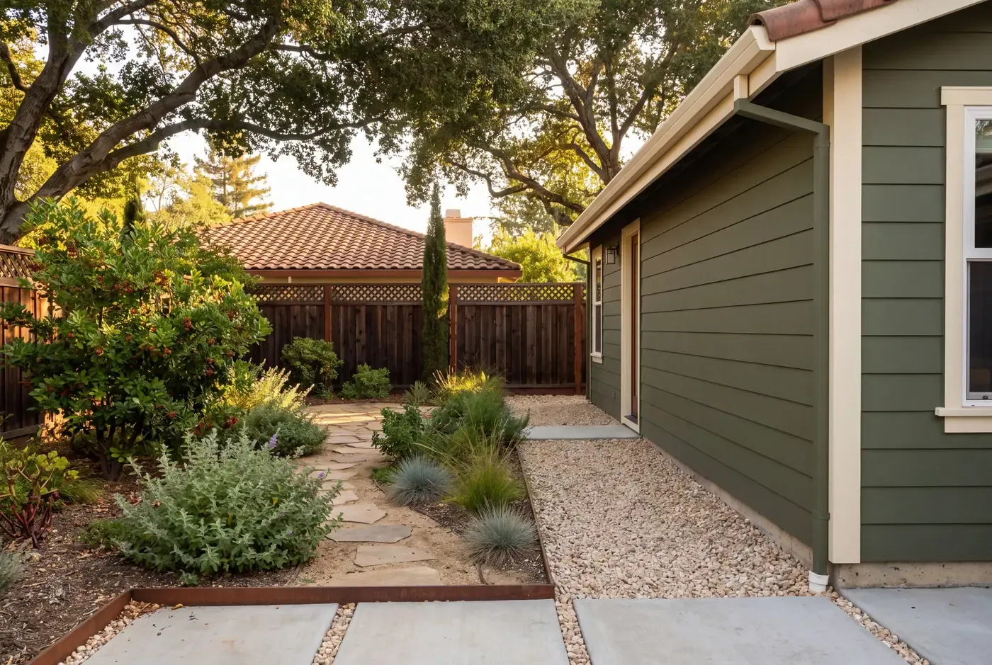 A five-foot gravel and paver buffer along an olive green house wall with a native garden beyond